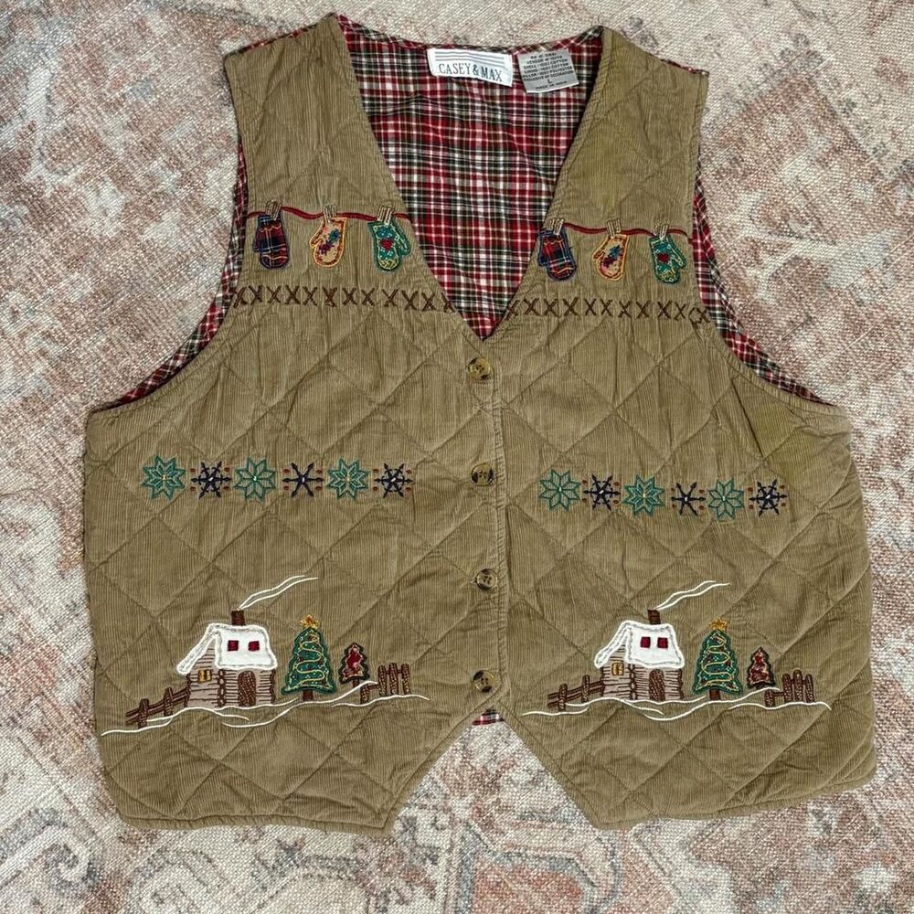 Vintage Quilted Christmas Holiday Cotton Vest with Embroidered Snowflakes Winter
